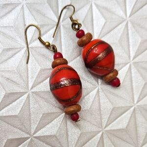 Glass Orange & Gold Beaded Earrings Handcrafted
